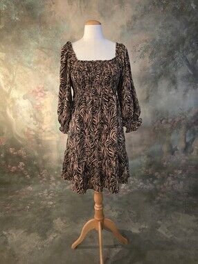 &merci Sydney Animal Print Mini Dress Smocked Bodice Square Neckline S